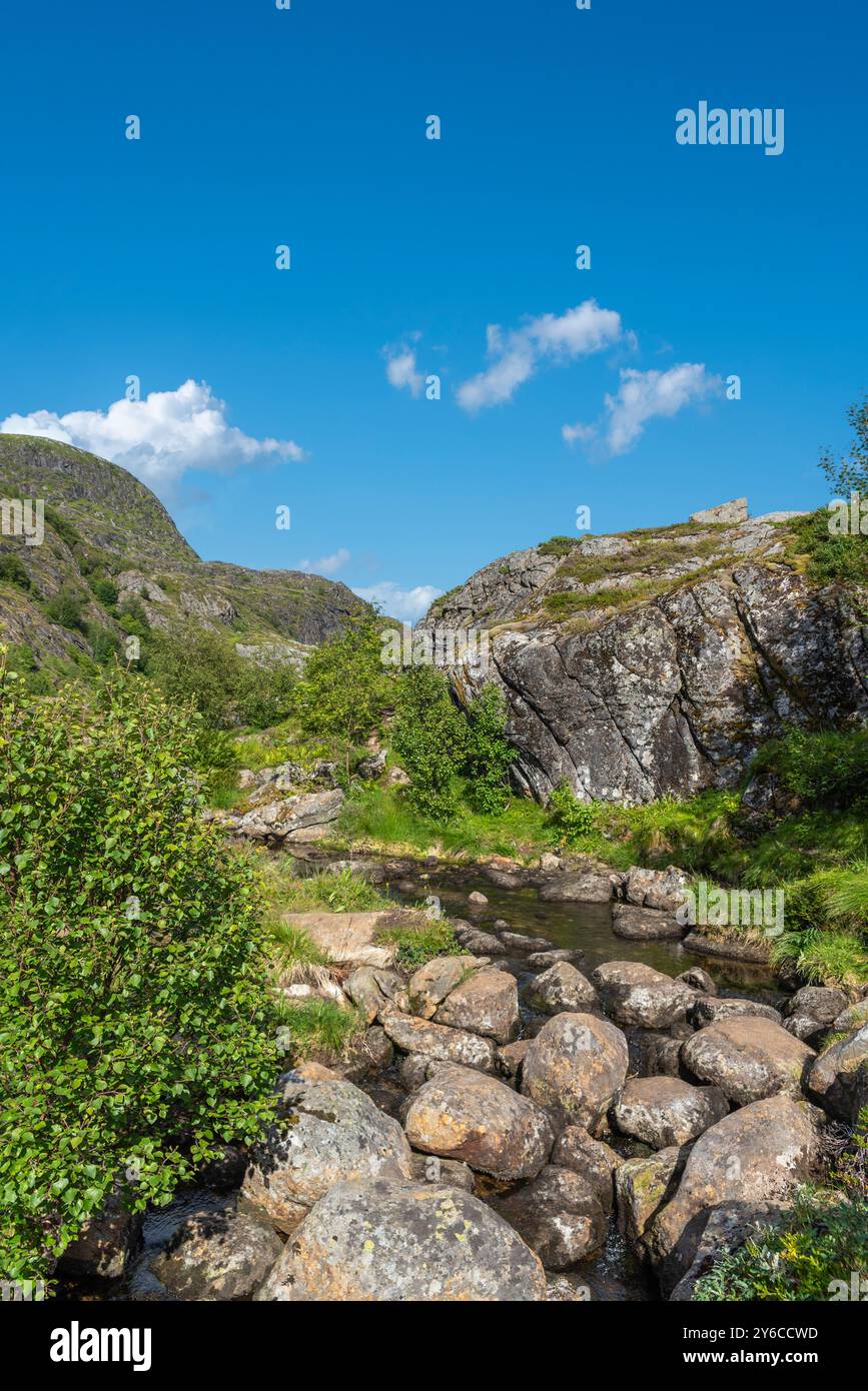 Image de paysage avec le ruisseau de montagne Studalselva près de Munkebu-stig, Sorvagen, Lofoten, Norvège, Europe Banque D'Images