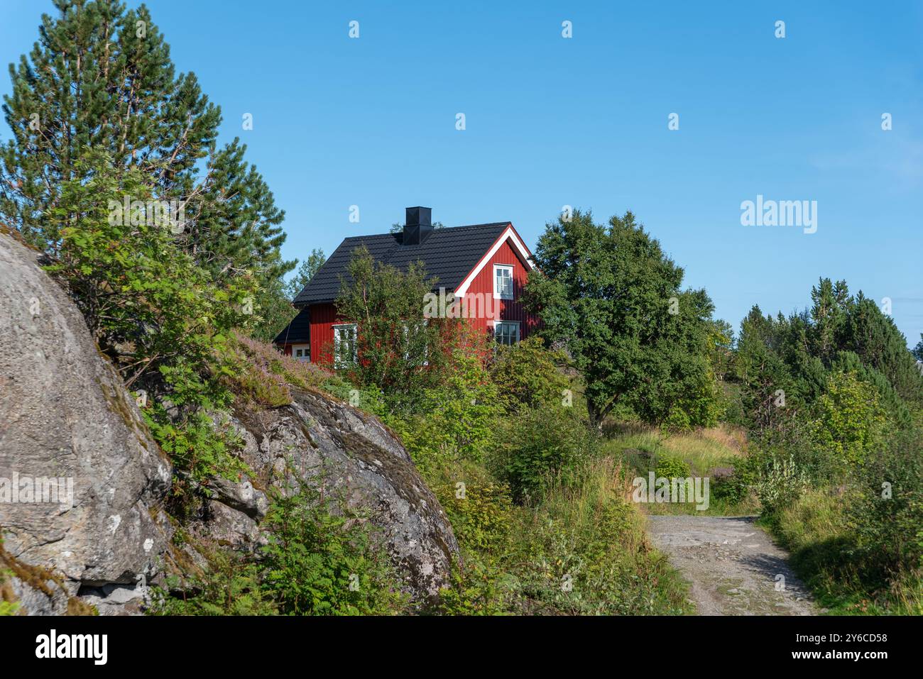 Maison résidentielle typique près du lac Sorvagvatnet, Sorvagen, Lofoten, Norvège, Europe Banque D'Images