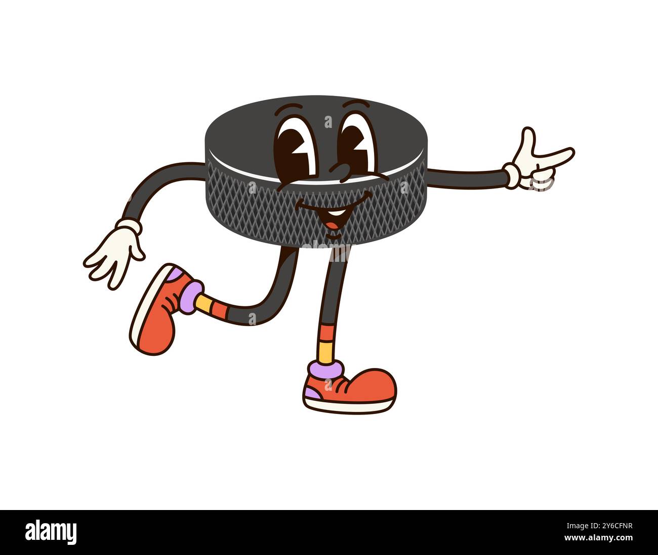 Personnage de sport de palet de hockey groovy. Personnage ludique de vecteur de dessin animé isolé avec des yeux expressifs et des baskets colorées, incarne des vibrations rétro funky pour la compétition sportive et le tournoi sur la patinoire Illustration de Vecteur