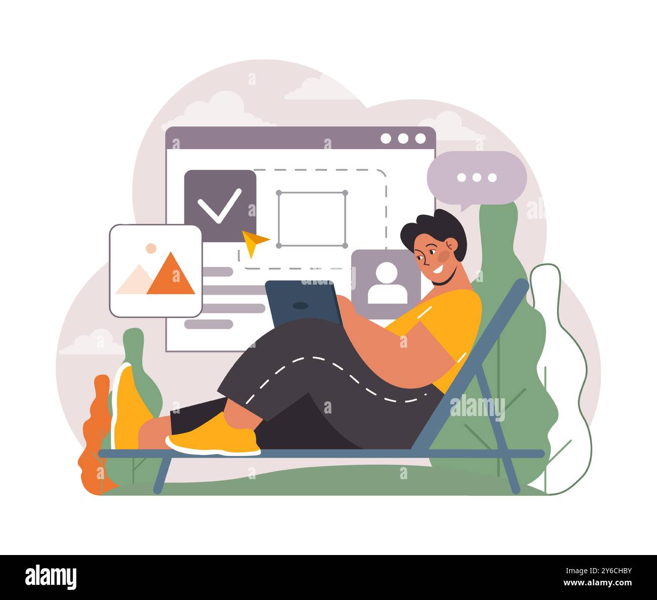 Travail hybride. Personnages avec un horaire flexible, travaillant au bureau et à la maison. Télétravail et externalisation, le travail des employés dans le monde entier. Idée numérique nomade ou freelance. Illustration vectorielle plate Illustration de Vecteur