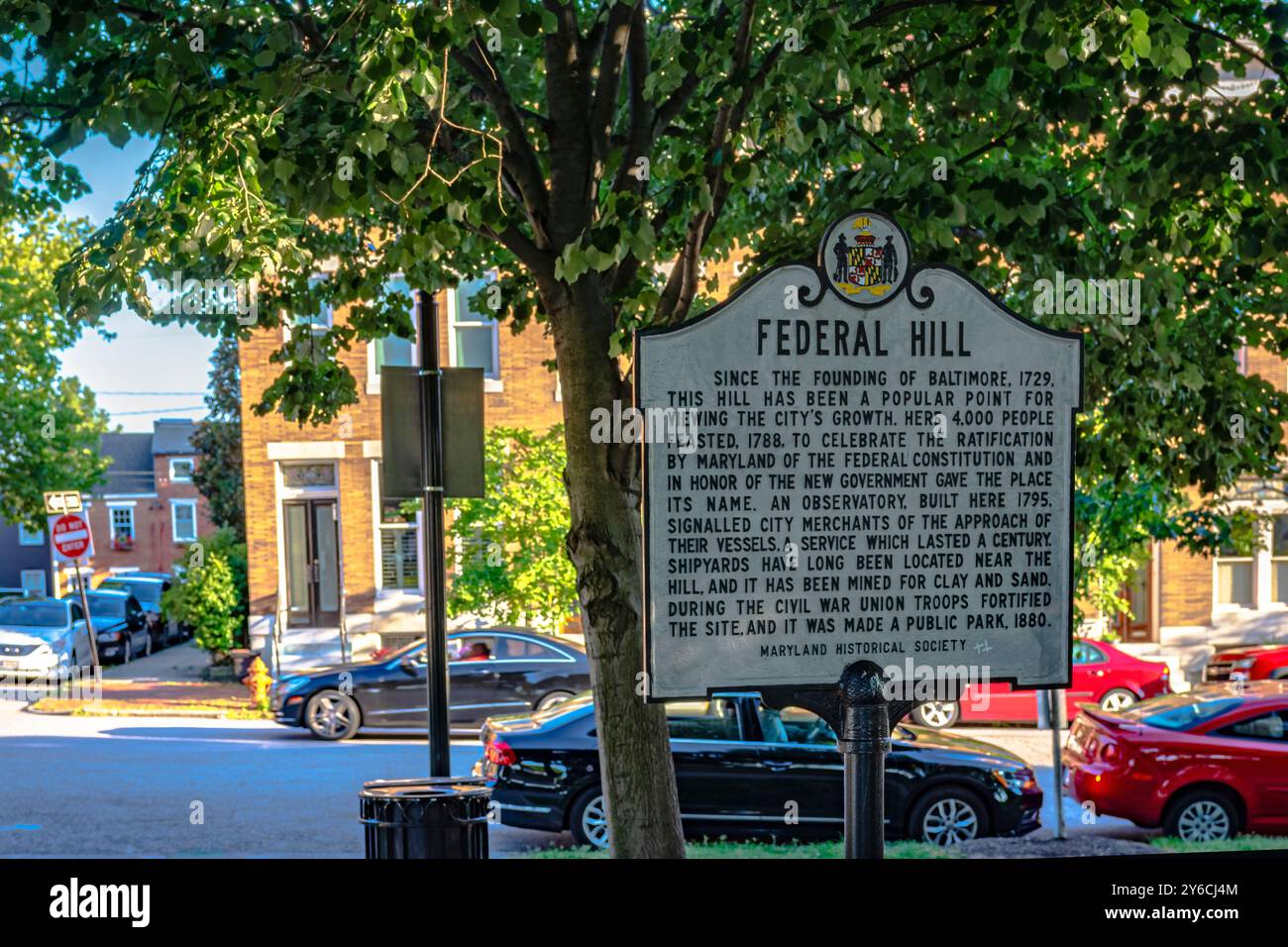 Baltimore, Maryland, États-Unis-9 juillet 2017 : marqueur historique sur Federal Hill dans le centre-ville de Baltimore. Banque D'Images