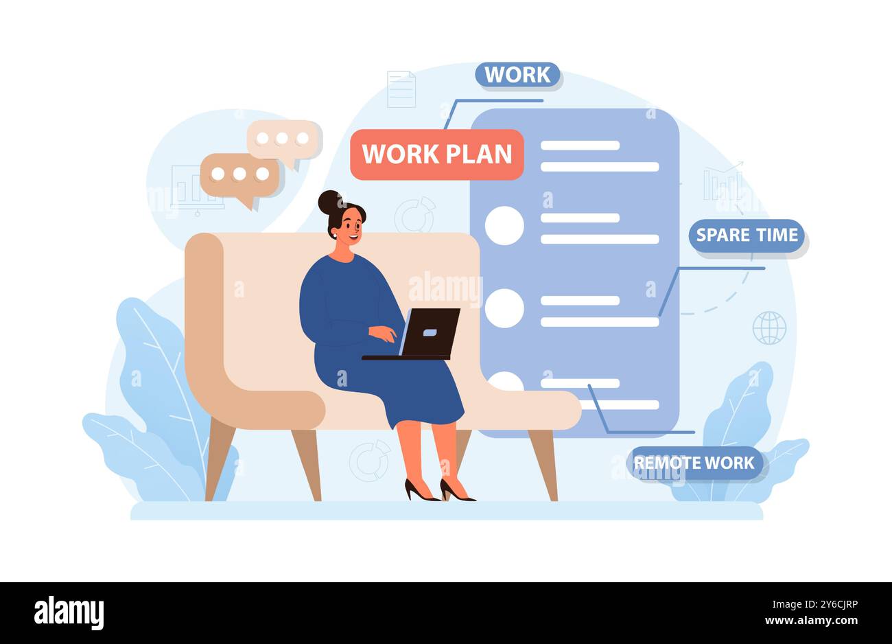 Travail hybride. Personnages avec un horaire flexible, travaillant au bureau et à la maison. Télétravail et externalisation, le travail des employés dans le monde entier. Idée numérique nomade ou freelance. Illustration vectorielle plate Illustration de Vecteur