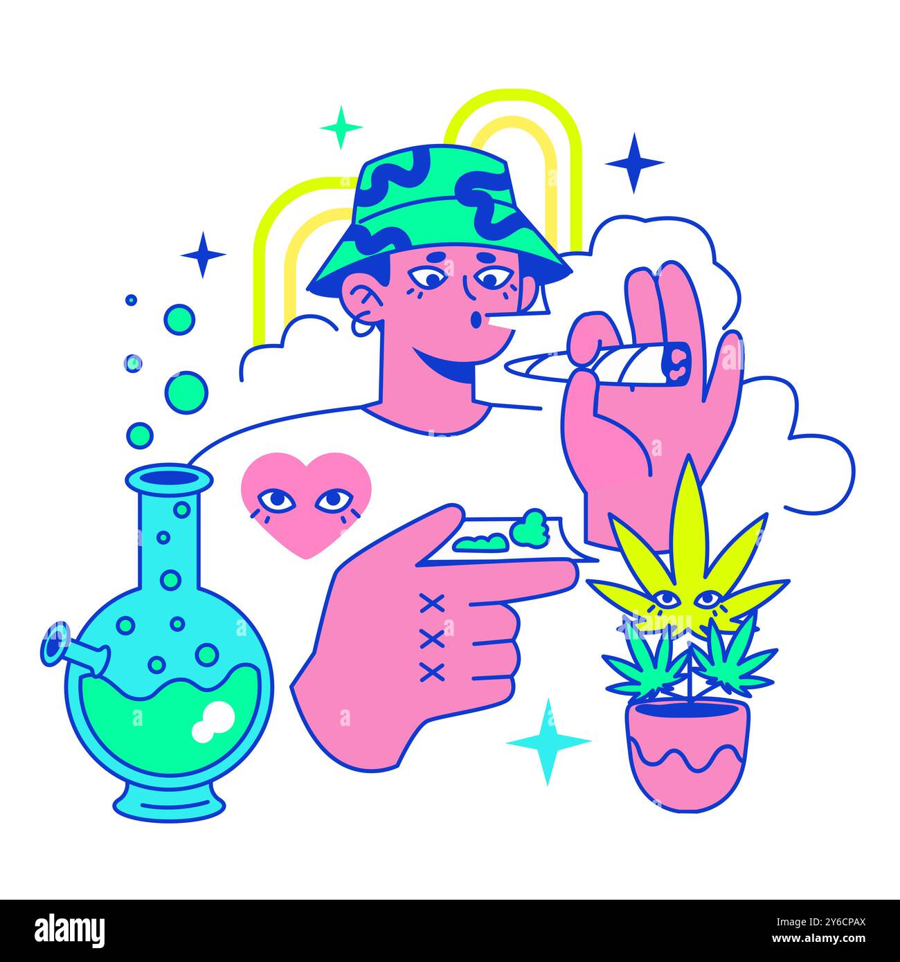 Fête de voyage psychédélique. Camp rave. Personnage prenant des drogues et fumant de l'herbe au camping du festival. Cigarette ou joint auto-roulé de cannabis. Illustration vectorielle plate Illustration de Vecteur