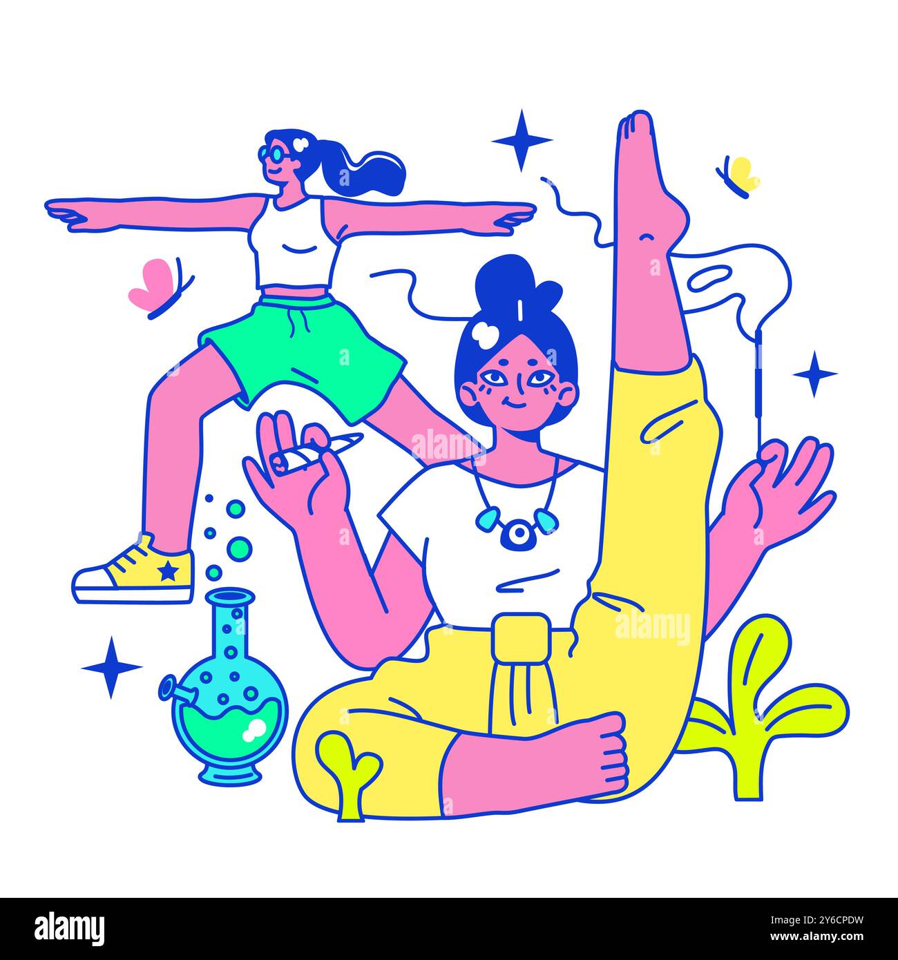 Fête de voyage psychédélique. Camp rave. Personnages buvant de l'alcool, prenant des drogues, des champignons et fumant de l'herbe au camping du festival. Illustration vectorielle plate Illustration de Vecteur