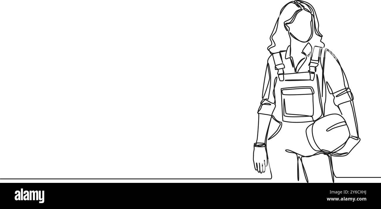 dessin continu à la ligne unique de travailleuse de la construction tenant le casque de sécurité dans la main, illustration vectorielle d'art au trait Illustration de Vecteur