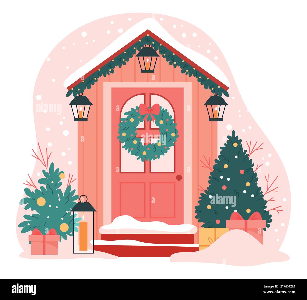 La porte d'entrée est décorée pour Noël. Entrée de la maison décorée avec couronne de Noël, lanternes sur le porche, ornements festifs et neige sur les vacances d'hiver. Illustration de Vecteur