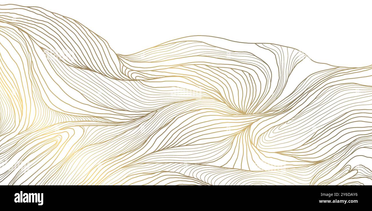 Vecteur art japonais abstrait, motif de ligne d'or du désert. Texture de montagne, illustration de paysage de luxe, affiche de vague. Illustration de Vecteur