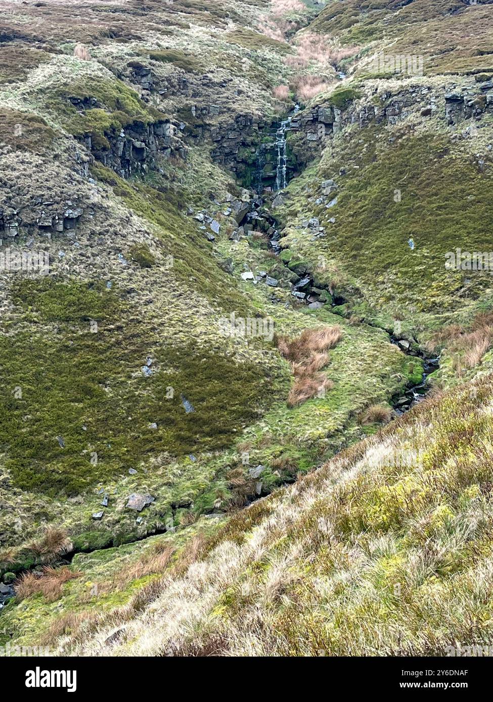 Paysages, greenary, champs, vert, herbe, eau, eau courante, rivière, débit d'eau, écoulement, collines, montagne - Image de stock capturée avec un smartphone