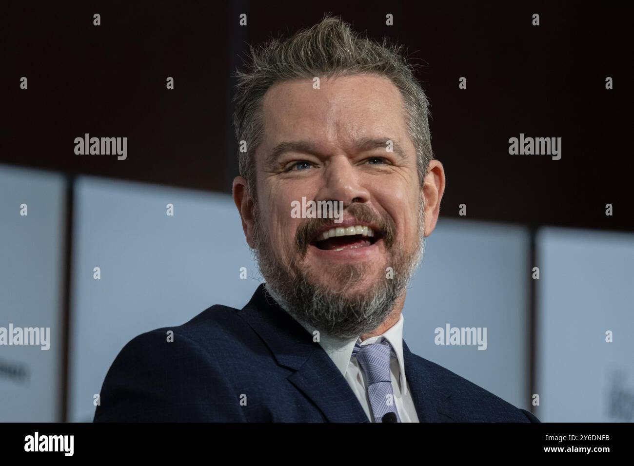 L'acteur Matt Damon, co-fondateur de Water.org, siège sur un panel alors que Mike Bloomberg accueille le Earthshot innovation Summit au Plaza Hotel à New York, NY, le 24 septembre 2024. (Photo de Laura Brett/Sipa USA) crédit : Sipa US/Alamy Live News Banque D'Images