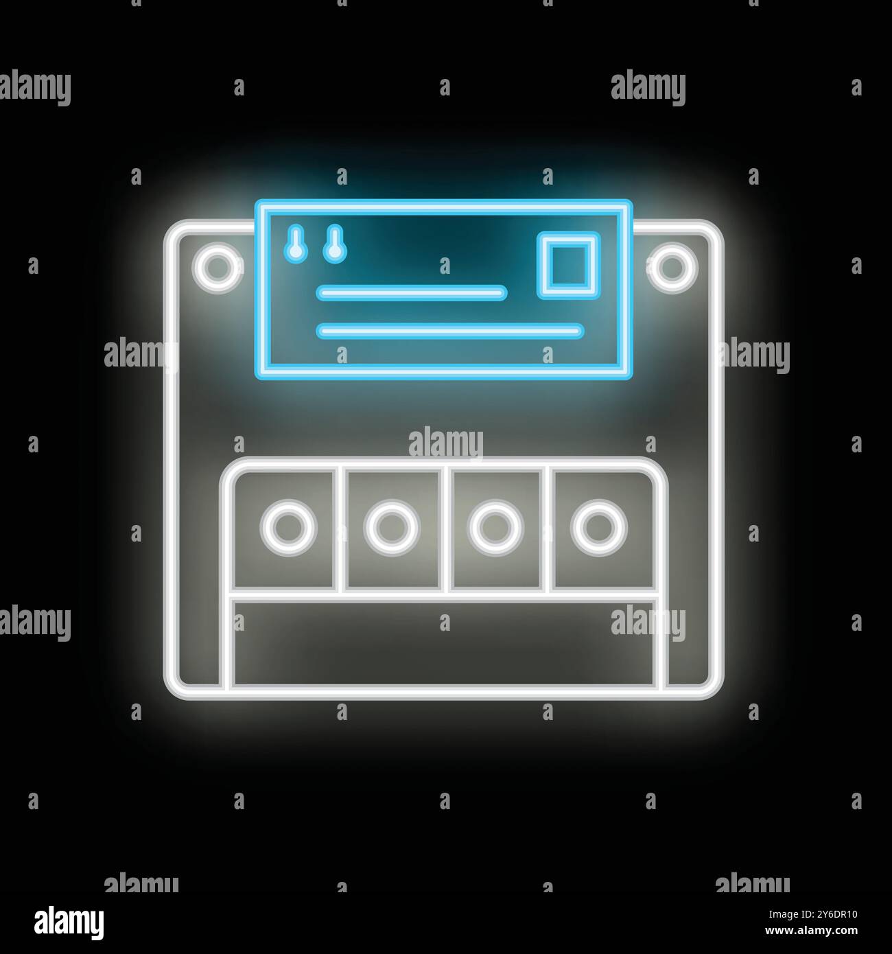Icône néon d'une disquette enregistrant un document, avec un symbole d'enveloppe lumineux en bleu Illustration de Vecteur