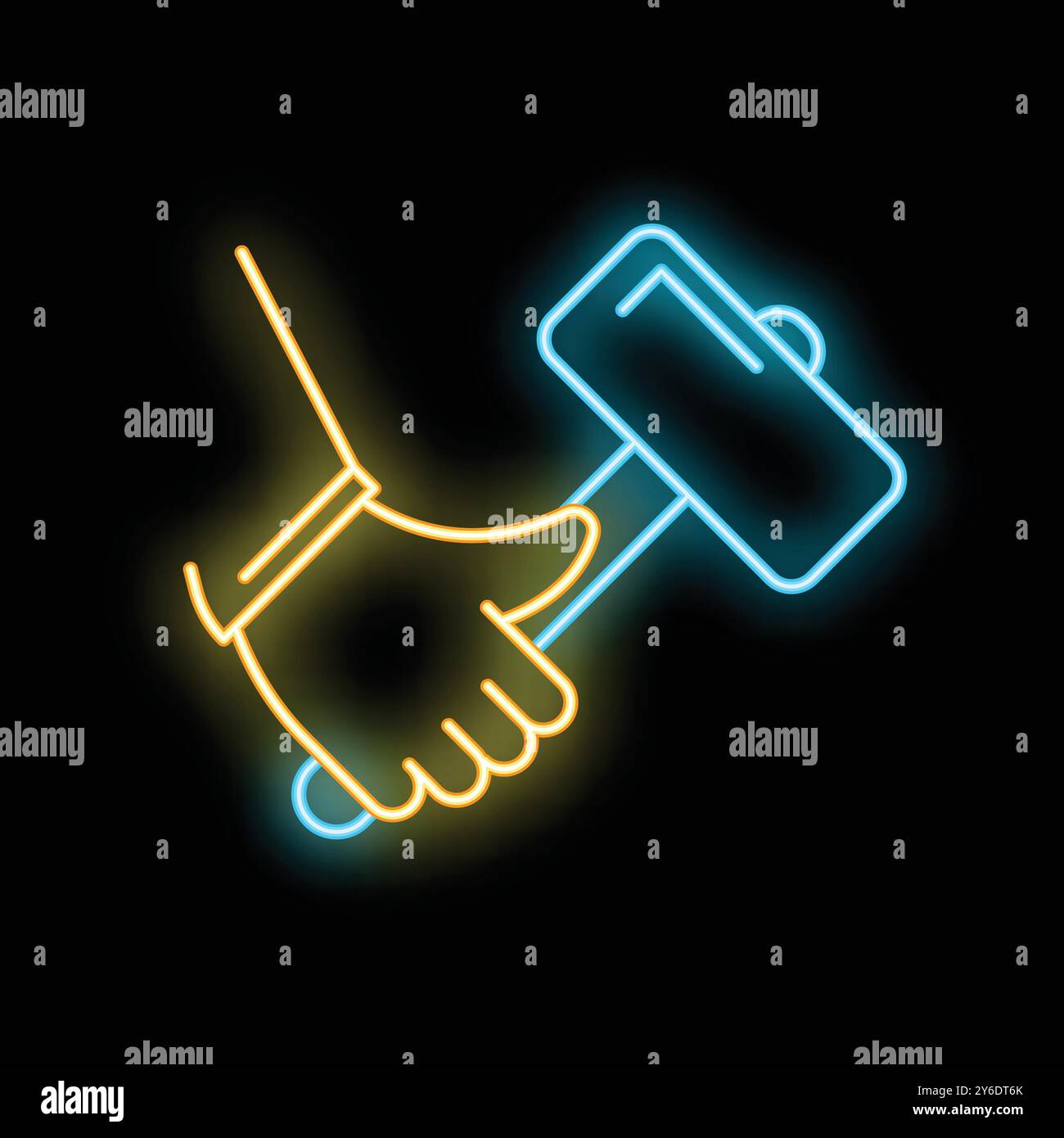 Enseigne lumineuse au néon représentant une main de travailleur de la construction tenant un marteau de forge sur un fond noir Illustration de Vecteur