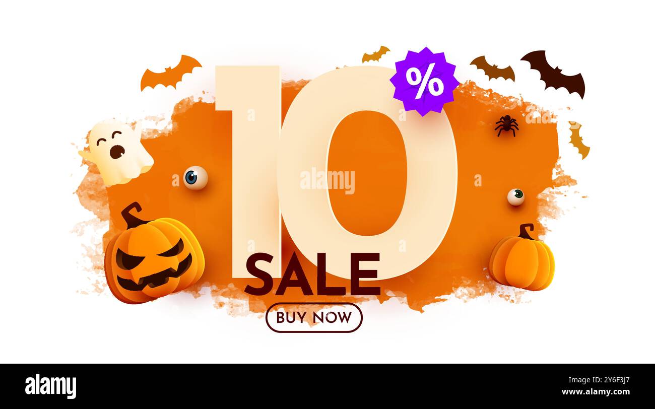 10 % de réduction. Modèle de bannière de vente d'Halloween. Podium et numéros avec montant de remise. Offre spéciale octobre. Illustration vectorielle. Illustration de Vecteur