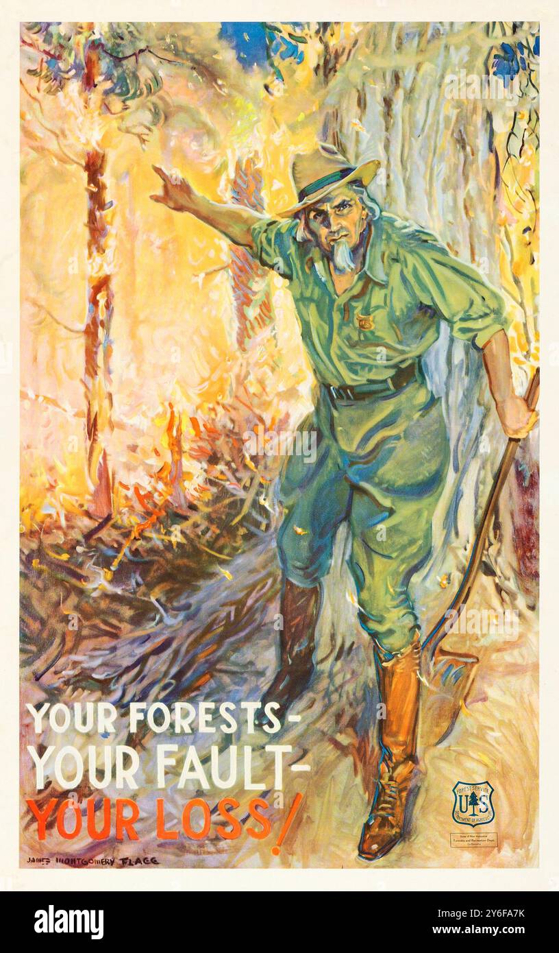 Your Forest Your Fault de James Montgomery Flagg (U.S. Forest Service, années 1930). Affiche de la fonction publique feat oncle Sam Looking Man Banque D'Images