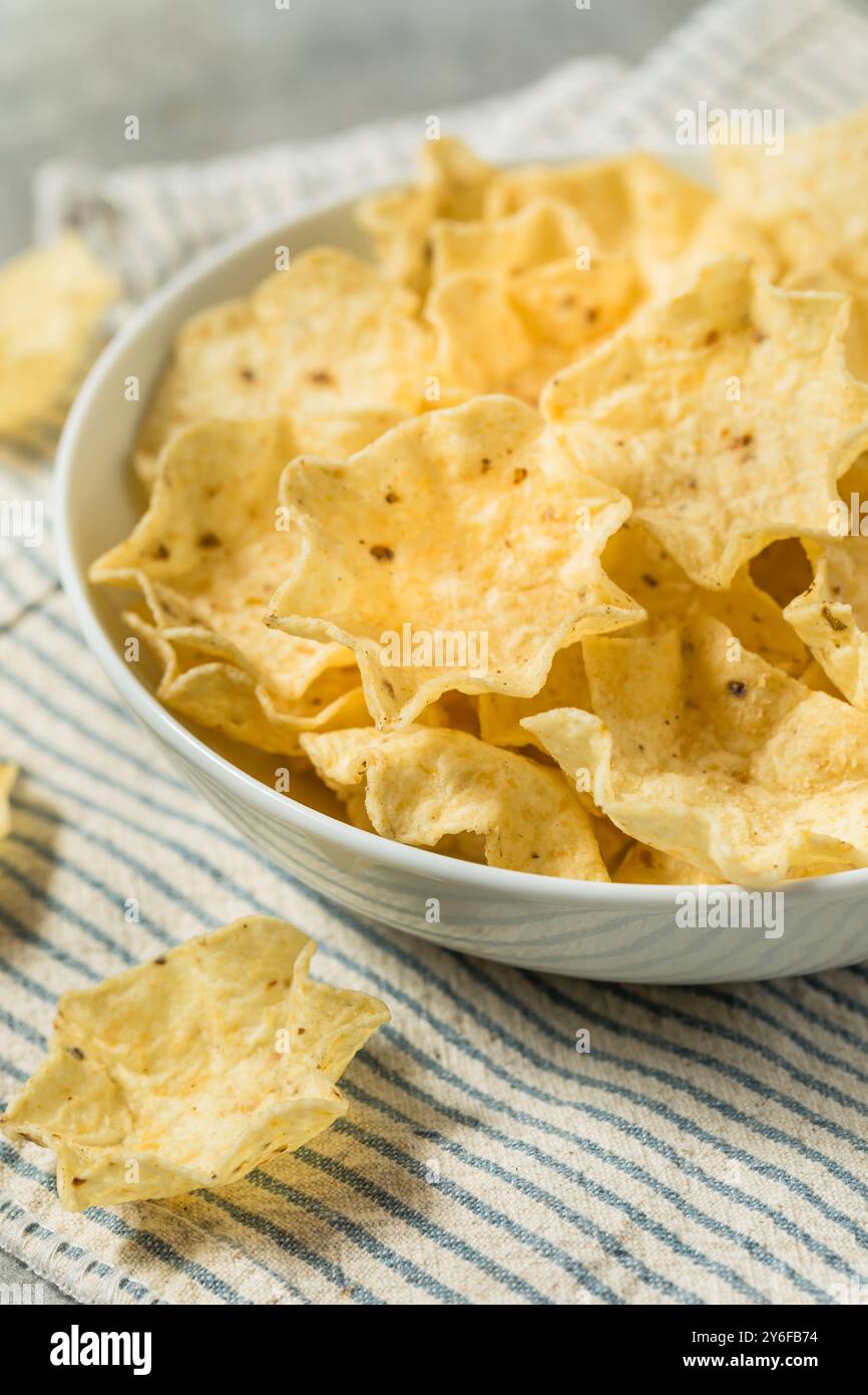 Cuillères à copeaux de tortilla de Cron biologique dans un bol Banque D'Images