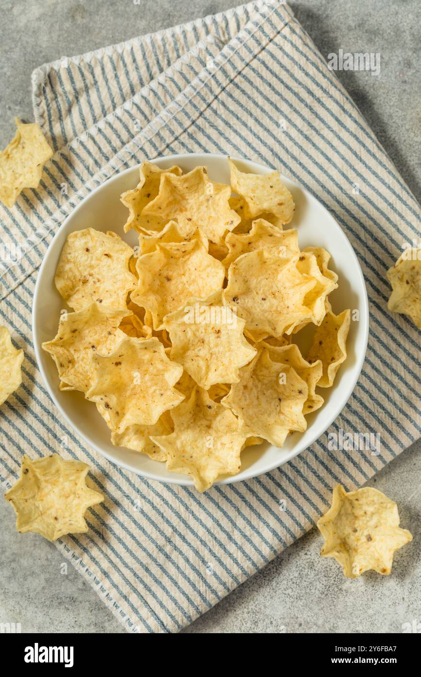 Cuillères à copeaux de tortilla de Cron biologique dans un bol Banque D'Images