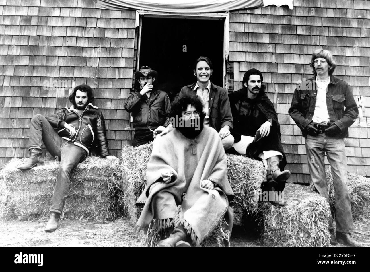 Grateful Dead. Publicité commerciale pour l'album 'American Beauty' en 1970. De gauche à droite : Bill Kreutzmann, Ron 'Pigpen' McKernan, Jerry Garcia, Bob Weir, Mickey Hart, et Phil Lesh Banque D'Images