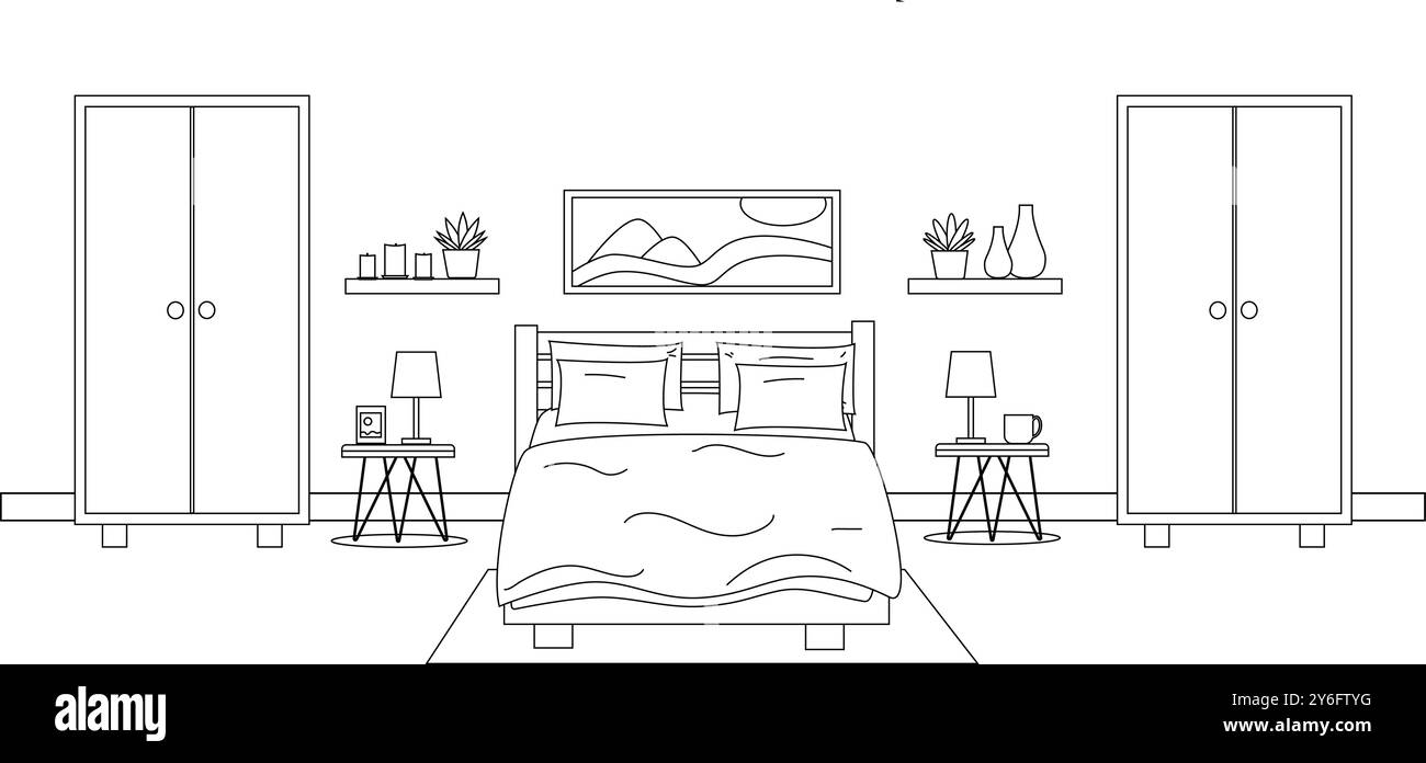 Décoration moderne de la chambre dans un style artistique. Lit, armoire, table, plantes, images, silhouette de décoration. Illustration de Vecteur