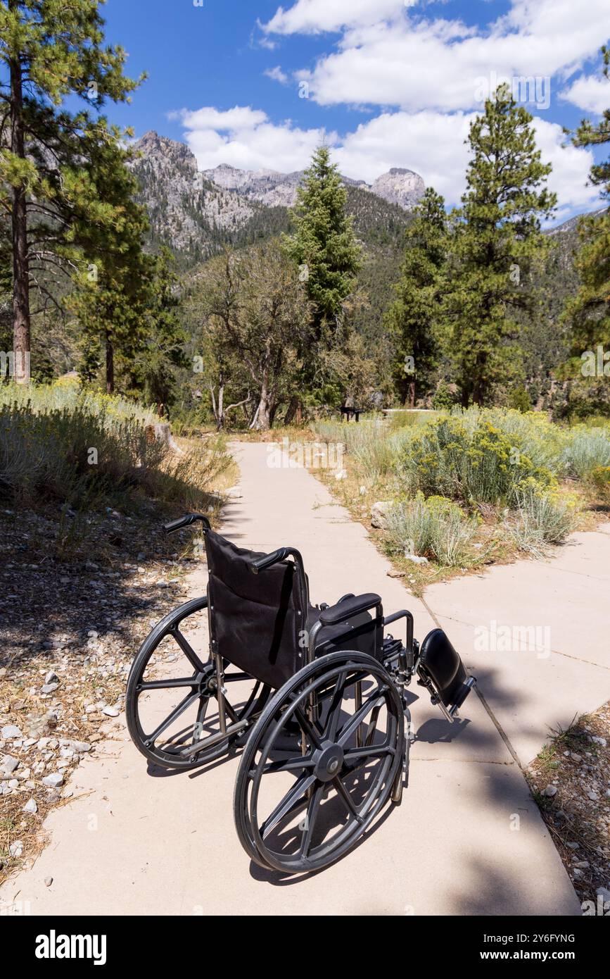 fauteuil roulant sur un sentier pavé dans les montagnes Banque D'Images