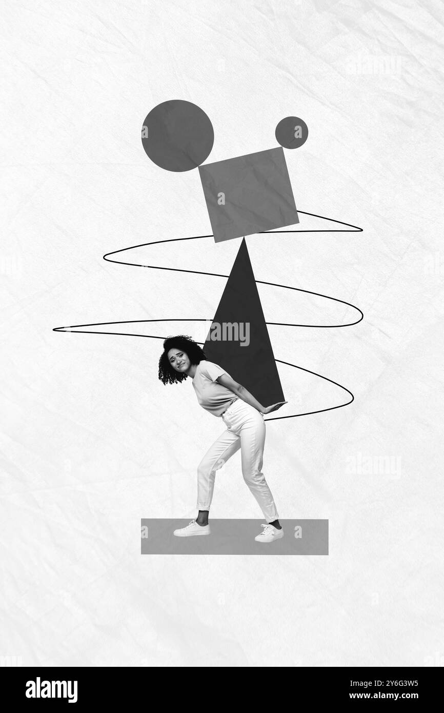 Composite tendance dessin d'illustration photo collage de photo d'image monochrome image jeune personne Lady Walk porter triangle cercle carré pyramide Banque D'Images