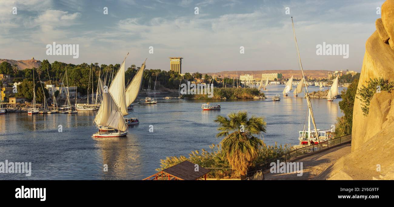 Beau paysage panoramique avec des bateaux felouques sur le Nil à Assouan au coucher du soleil, Egypte, Afrique Banque D'Images