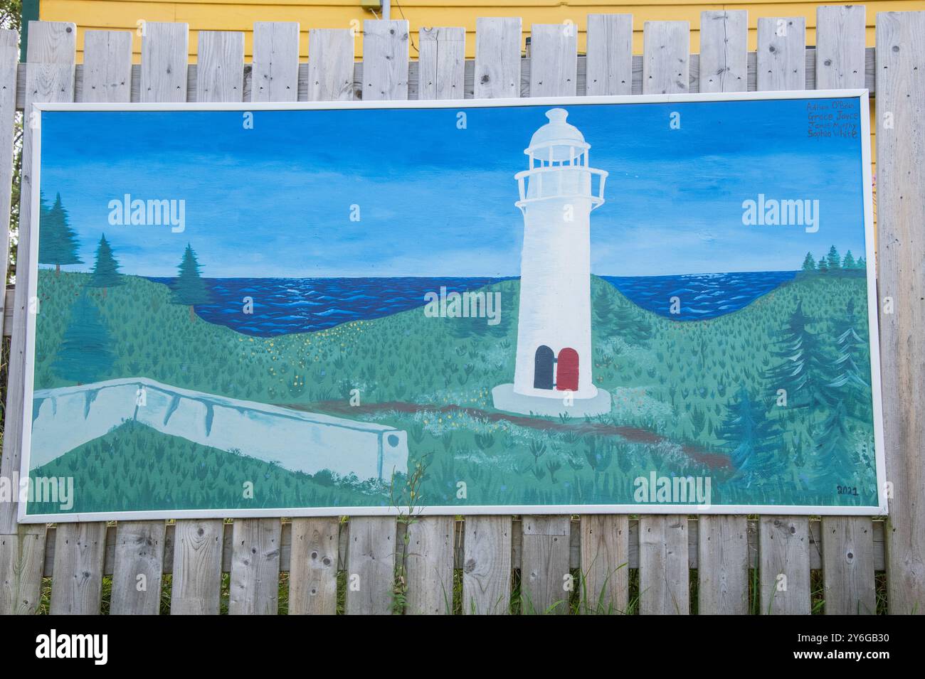 Murale du phare de Bull Head au coin oublié sur Southside Road à Bay Bulls, Terre-Neuve-et-Labrador, Canada Banque D'Images