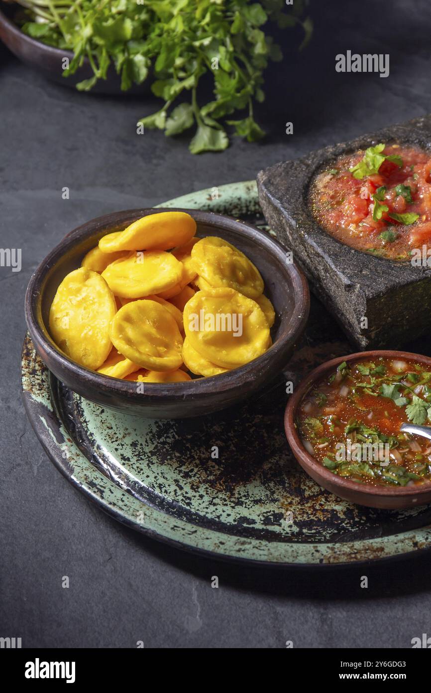 Nourriture, Sopaipilla. Cuisine latino-américaine. Sopaipillas de citrouille maison traditionnelle chilienne avec salsas typiques, sauce tomate chancho en piedra dans la pierre m Banque D'Images