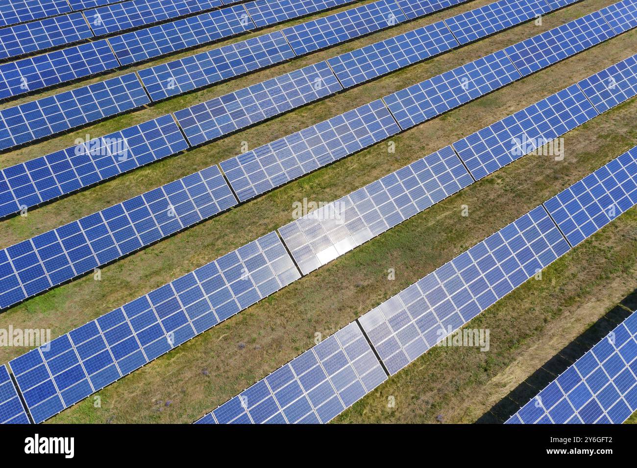 Vue aérienne de nombreux panneaux de cellules solaires Banque D'Images