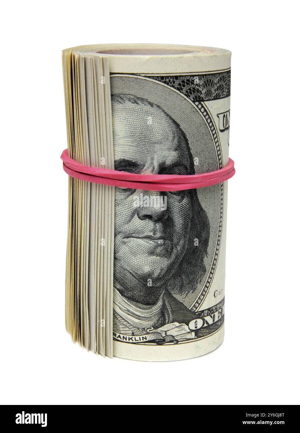 Rouleau de billets de 100 dollars, fermer les yeux sur Franklin, le concept de corruption Banque D'Images