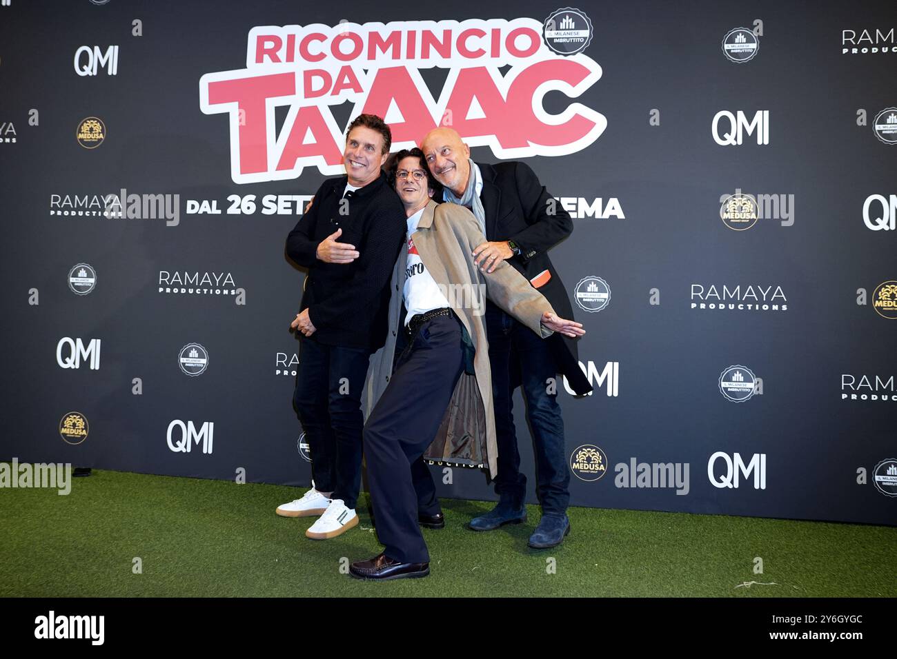 Milan, Italie. 25 septembre 2024. Claudio Bisio, Francesco Mandelli, Raul Cremona assiste à un tapis rouge 'Ricomincio da Taaac', Milan 2024 septembre 25, Italie (photo de Gian Mattia DÕAlberto) crédit : LaPresse/Alamy Live News Banque D'Images