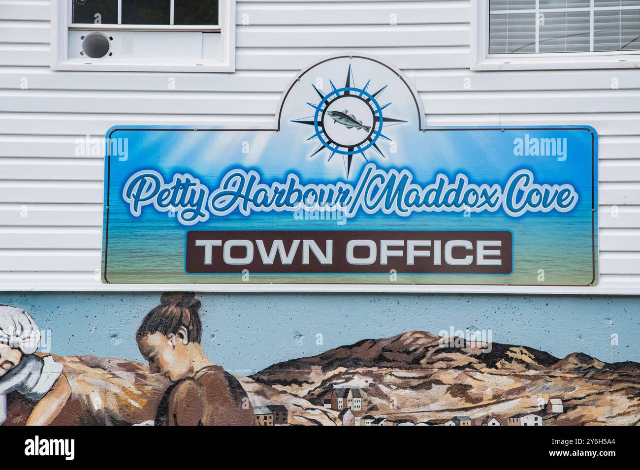 Panneau du bureau municipal de Petty Harbour-Maddox Cove sur NL 11 à Terre-Neuve-et-Labrador, Canada Banque D'Images