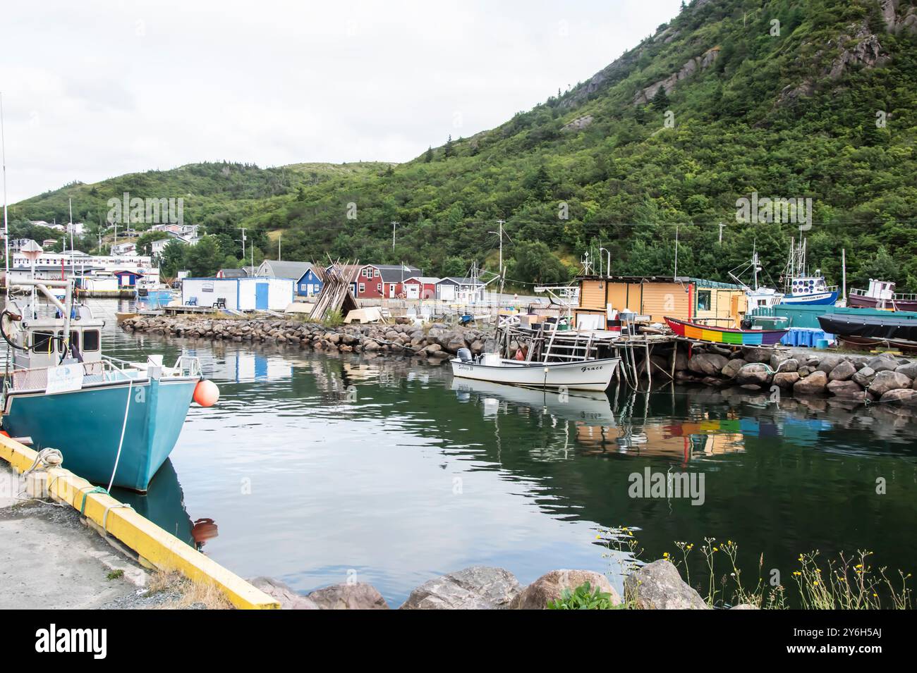 Bateaux de pêche amarrés au quai de Petty Harbour-Maddox Cove, Terre-Neuve-et-Labrador, Canada Banque D'Images