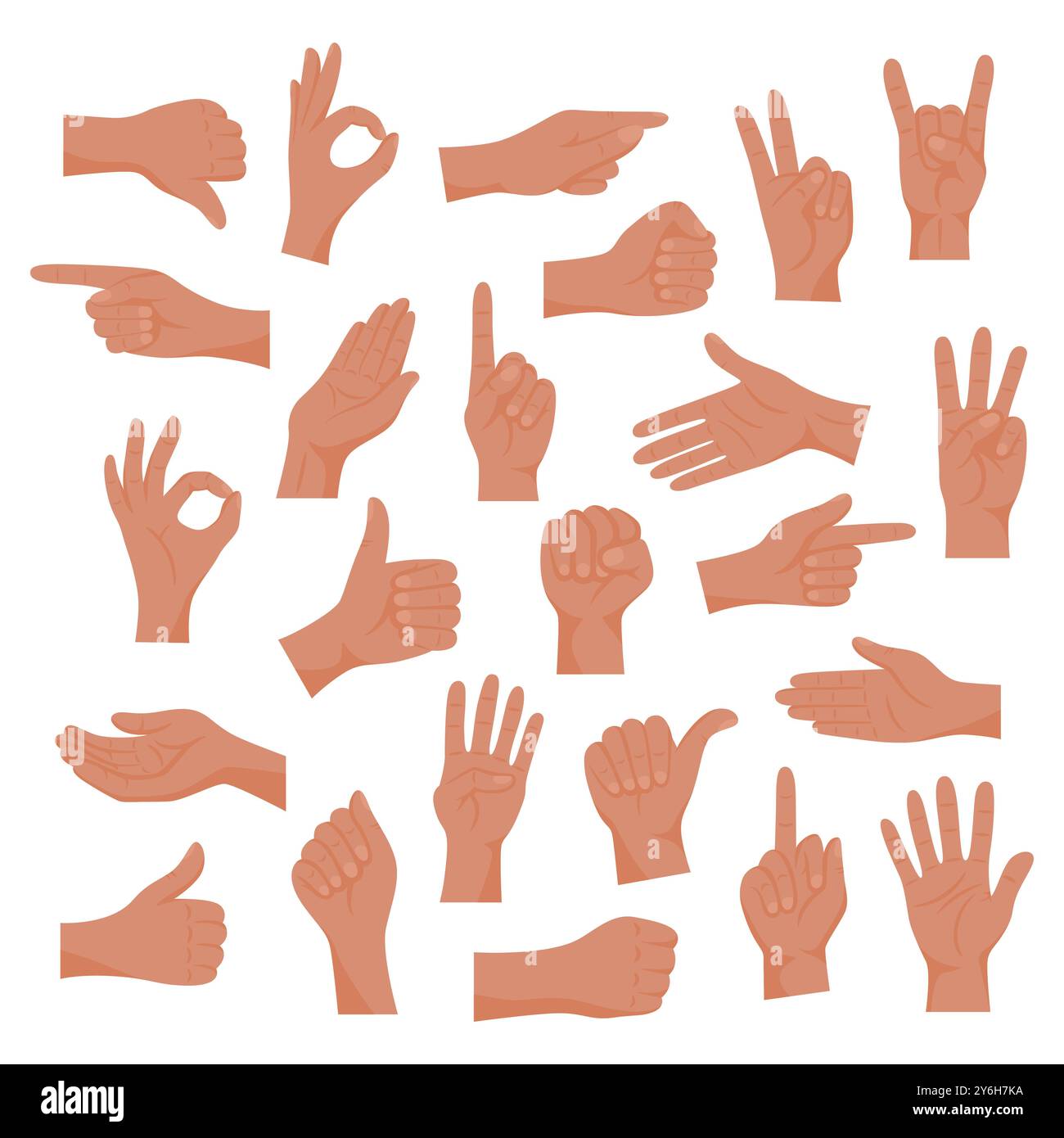 Vector Flat simple Cartoon mains dans différents gestes, émotions et signes ensemble, isolé. Mains colorées plates, illustration simple des mains de style dessin animé Illustration de Vecteur