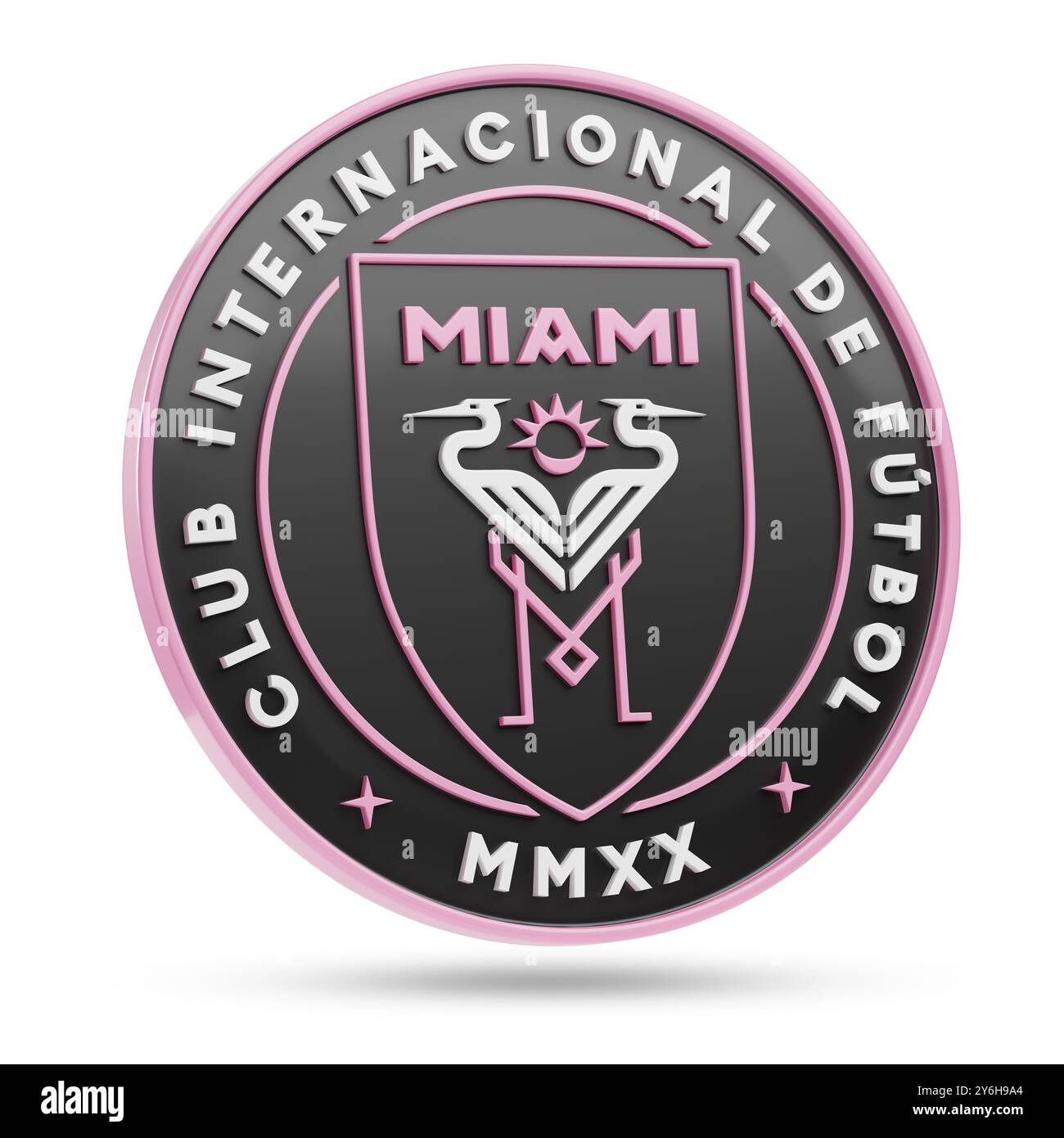 Buenos Aires, Argentine - 25 septembre 2024 : emblème de l'équipe internationale de football de Miami en trois dimensions isolé sur fond blanc. 3d ill Banque D'Images