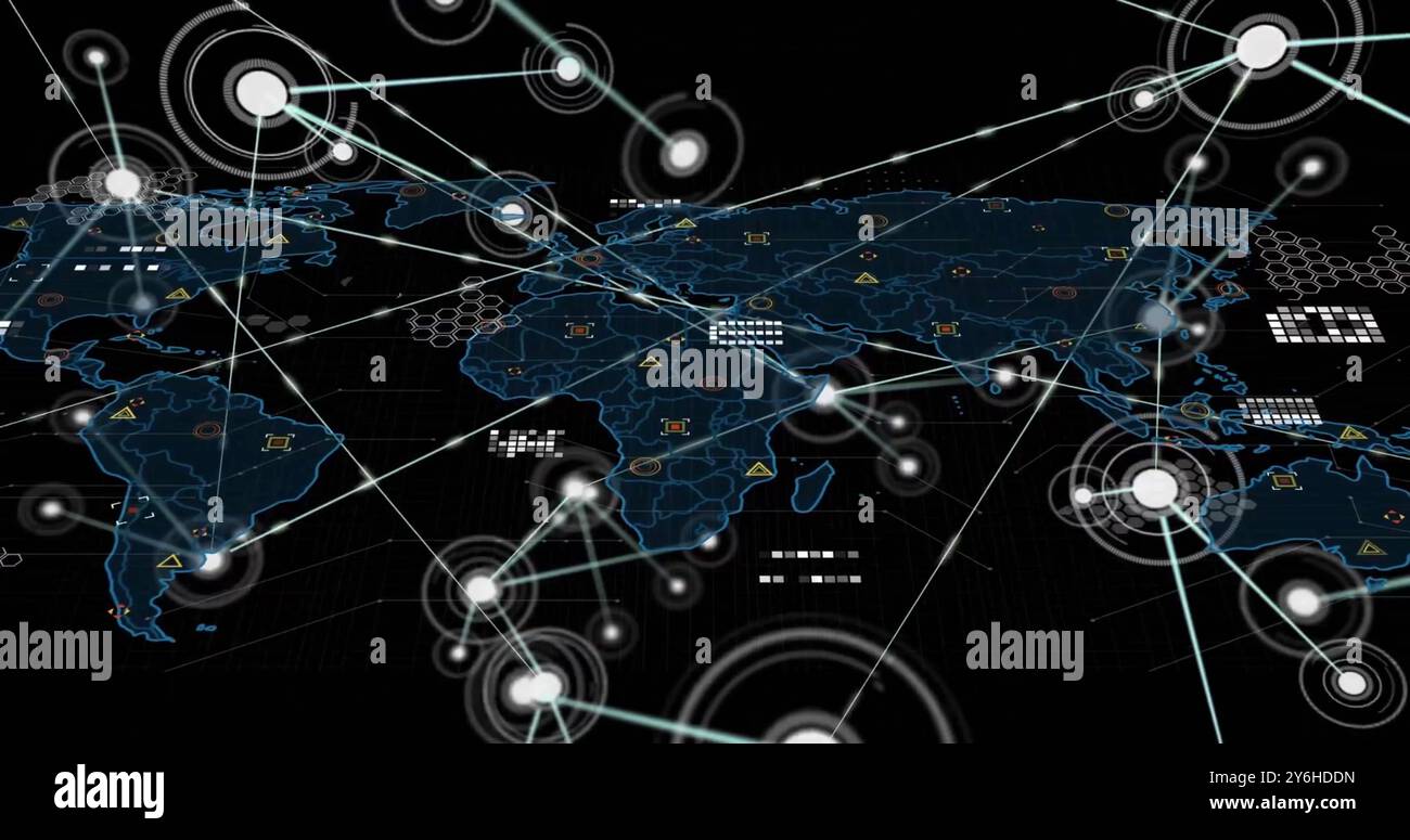 Image du réseau de connexions avec des spots sur la carte du monde Banque D'Images