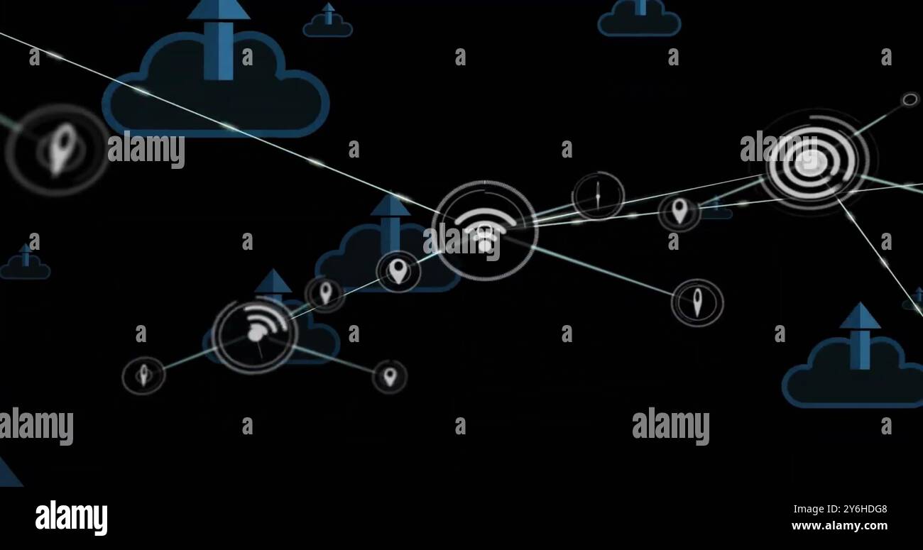 Image du réseau de connexions avec des icônes sur des nuages et des flèches Banque D'Images