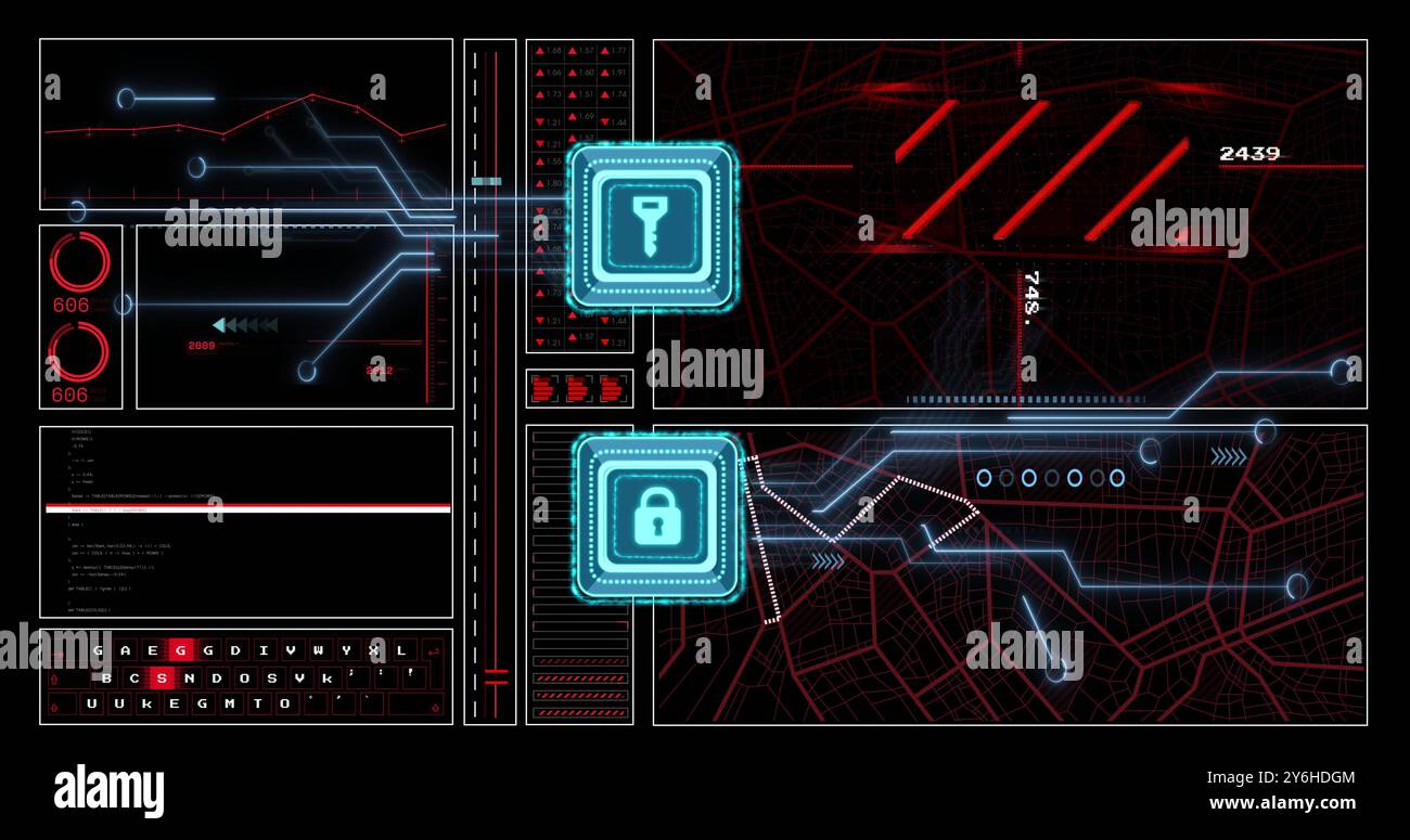 Image de la carte de circuit imprimé, clé et icône de cadenas et réseau de connexions sur fond noir Banque D'Images