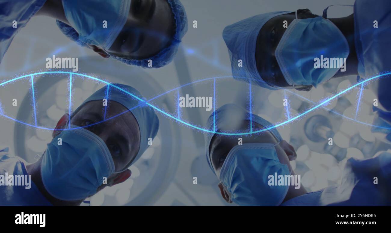 Image d'un brin d'adn tournant sur divers suergeons Banque D'Images