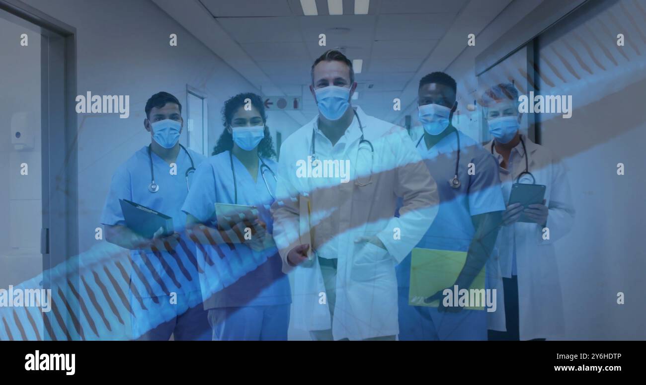 Image d'un brin d'adn tournant sur divers suergeons Banque D'Images