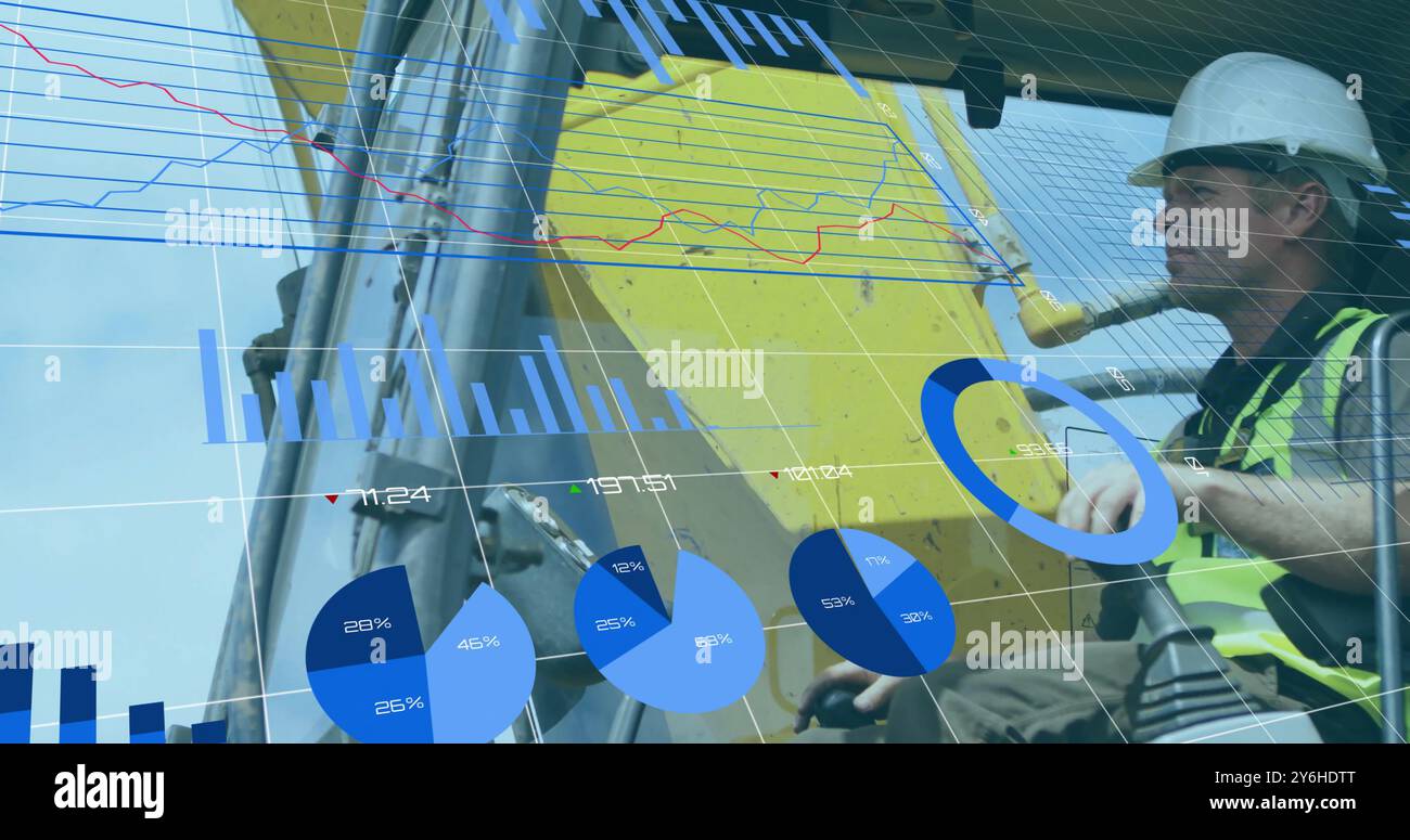 Les graphiques et graphiques de données financières illustrent les machines utilisées par les ouvriers de la construction Banque D'Images