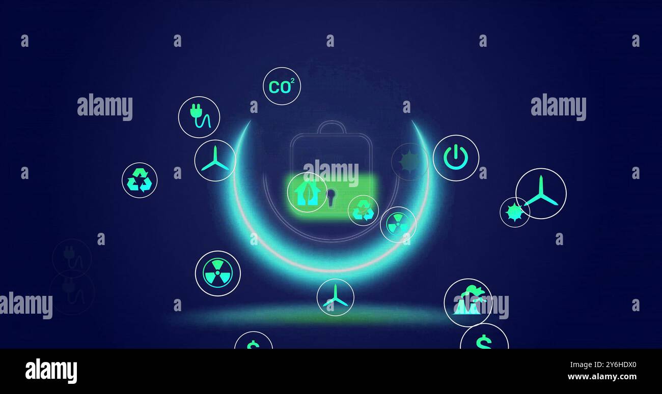 Icônes d'énergie renouvelable et de protection de l'environnement image au-dessus du symbole de cadenas lumineux Banque D'Images