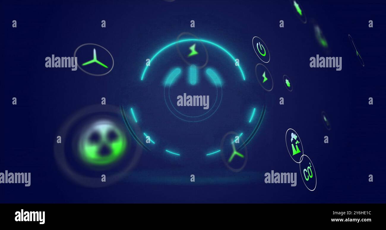 Le bouton d'alimentation et les icônes d'énergie apparaissent sur fond bleu foncé Banque D'Images