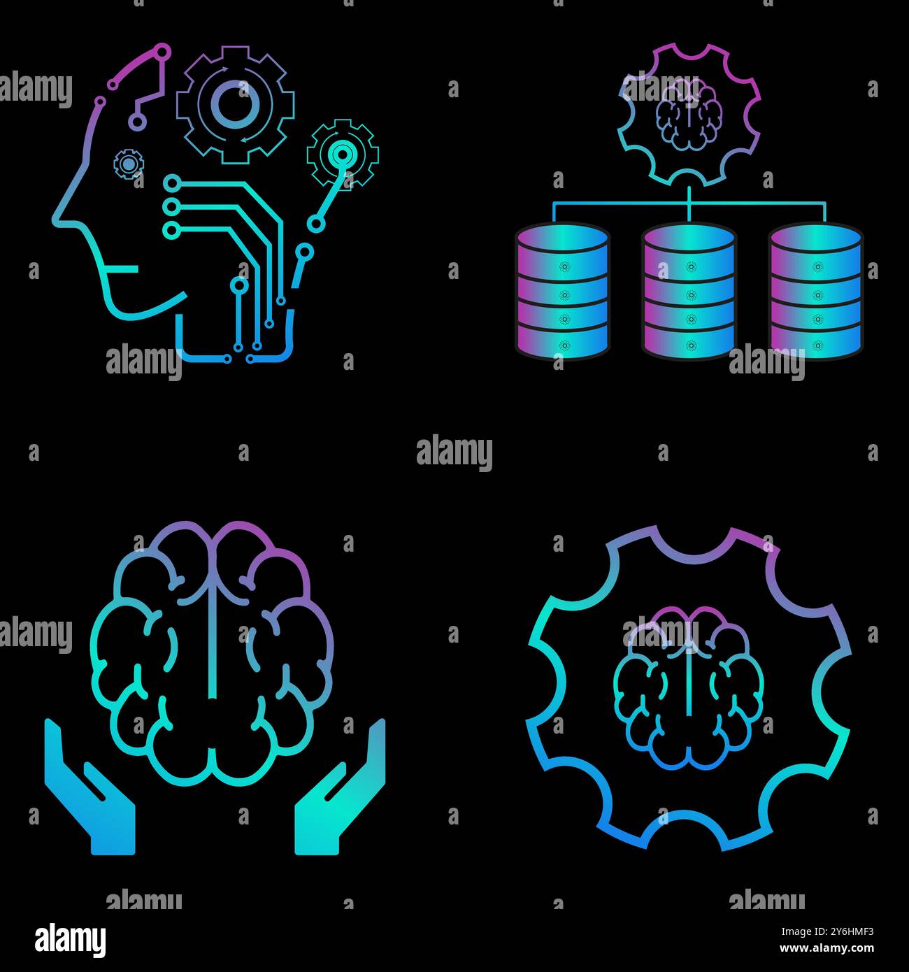 Ensemble de 4 icônes colorées de lignes vectorielles roses et bleues liées aux concepts d'IA, et aux icônes de technologie humaine, à l'analyse de texte et à l'exploration de texte dans l'obscurité Illustration de Vecteur