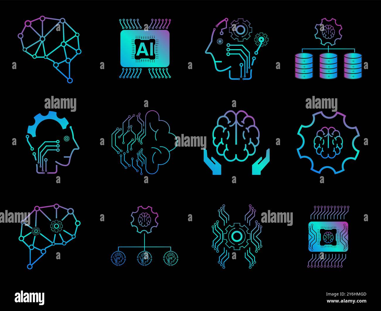 12 icônes d'intelligence artificielle, 12 ensembles d'icônes ai vecteur, illustration Illustration de Vecteur