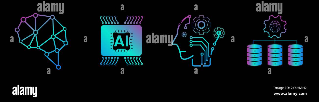 Quatre de l'IA-intelligence artificielle ensemble d'icônes. 4 concept de symboles de technologie de science des données Illustration de Vecteur