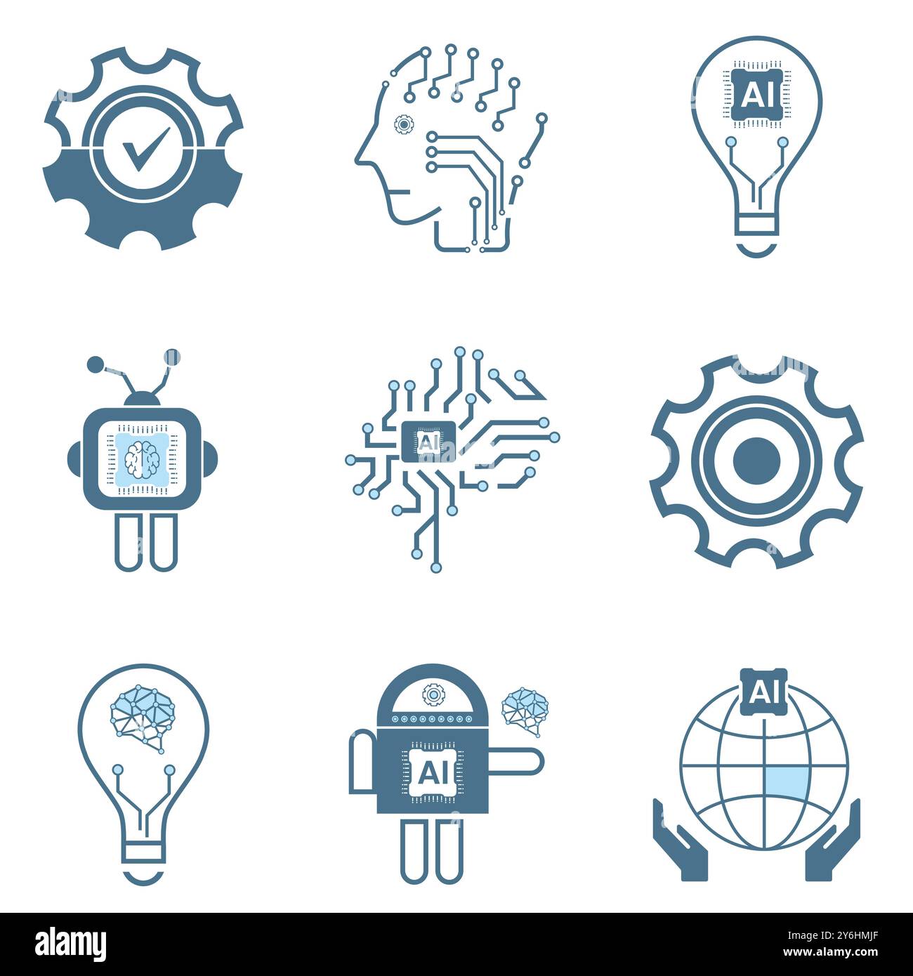 Groupes de NEUF icônes de ligne d'intelligence artificielle, 9 ai pour les concepts de symboles technologiques, et neuf icônes cybernétiques, ai, vecteur technologique, illustratio Illustration de Vecteur