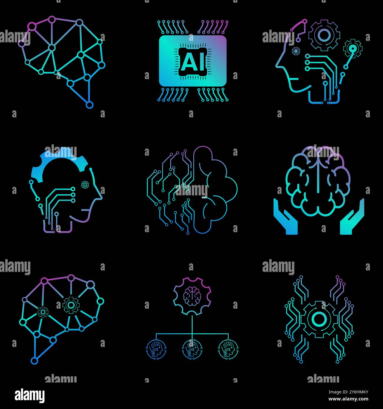 ENSEMBLE DE neuf icônes de technologie vecteur, concept de vecteur ai, 9 icônes de symbole d'illustration de génération ai, icônes ai définies pour l'intelligence artificielle sur l'obscurité Illustration de Vecteur