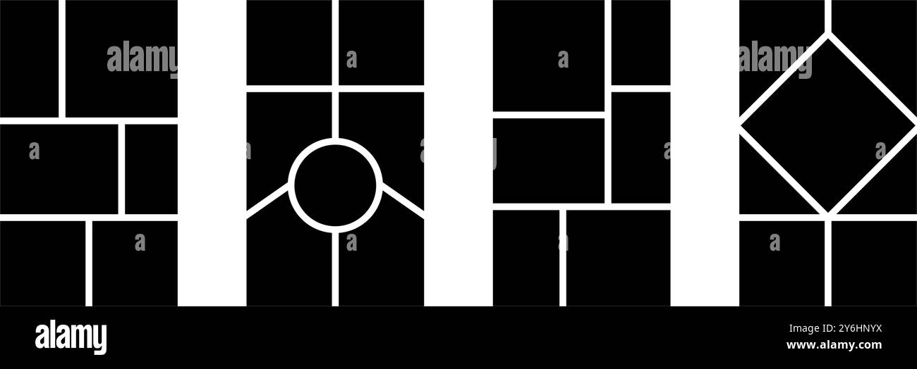 Ensemble de modèles de mise en page de collage d'images. Collection de grille de tableau d'humeur en mosaïque noire. Dispositif de composition d'images. Idée d'album photo pour bannière, affiche, maquette, flyer, brochure, mur à mémoire de forme. Vecteur Illustration de Vecteur