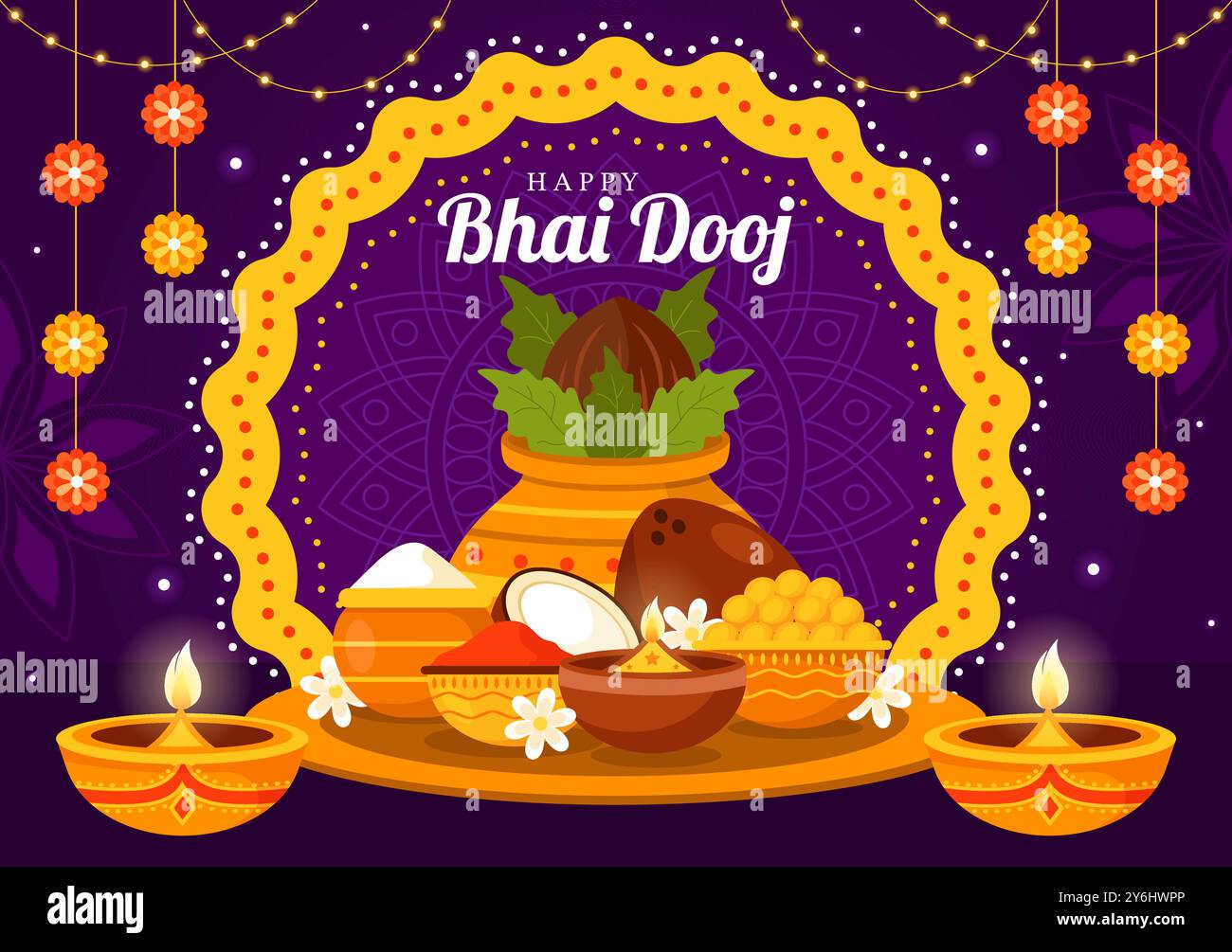 Happy Bhai Dooj Indian Festival Celebration illustration vectorielle de Sœurs priant pour la protection de leurs Frères avec l'application d'un point de front Illustration de Vecteur