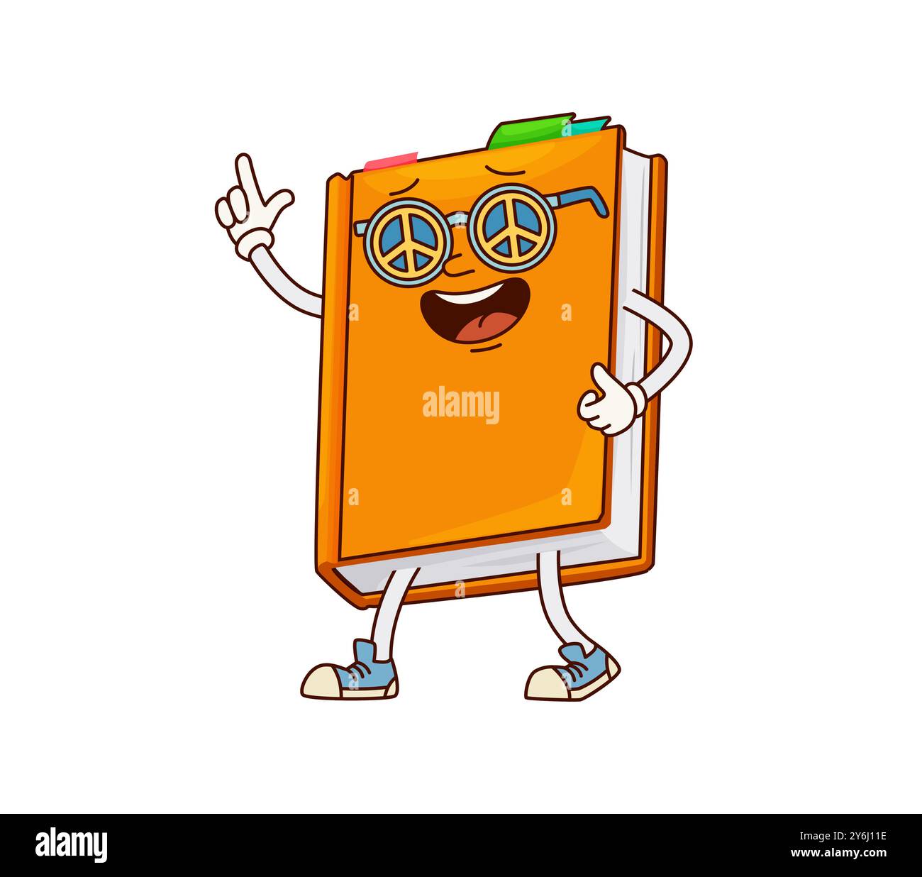 Personnage de manuel scolaire avec couverture orange éclatante. Dessin animé vecteur funky book personnage porte des lunettes et des baskets de signe de paix, exsudant une ambiance amusante et éducative, promouvant l'amour de l'apprentissage et de la paix Illustration de Vecteur