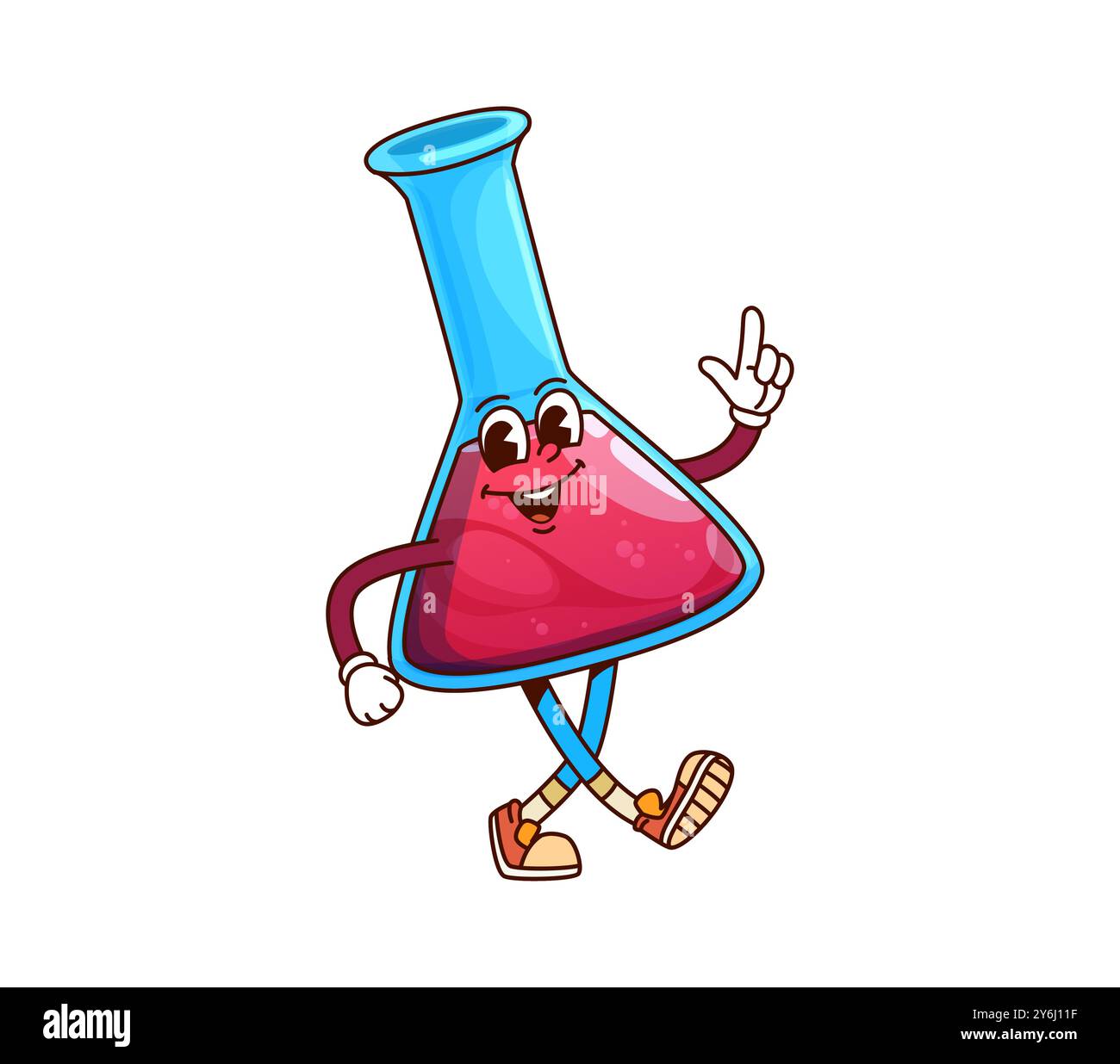 Écolier flacon groovy personnage avec liquide rouge et expression heureuse, la promotion de l'éducation des sciences de la chimie, des projets scolaires et des environnements d'apprentissage ludiques dans une approche amusante et engageante Illustration de Vecteur